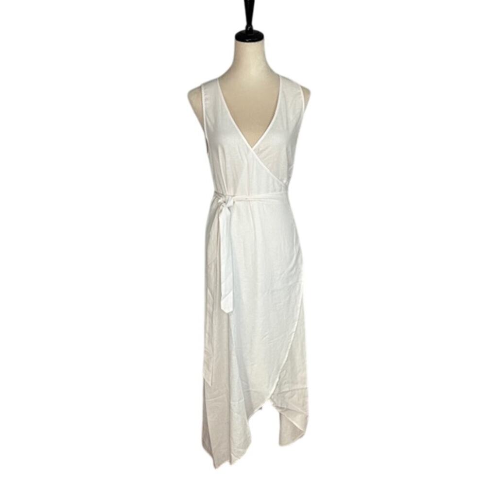 NWT Andie Swim Linen Blend Maxi Wrap‎ Dress, Sz L, V Neck White Resort Vacation